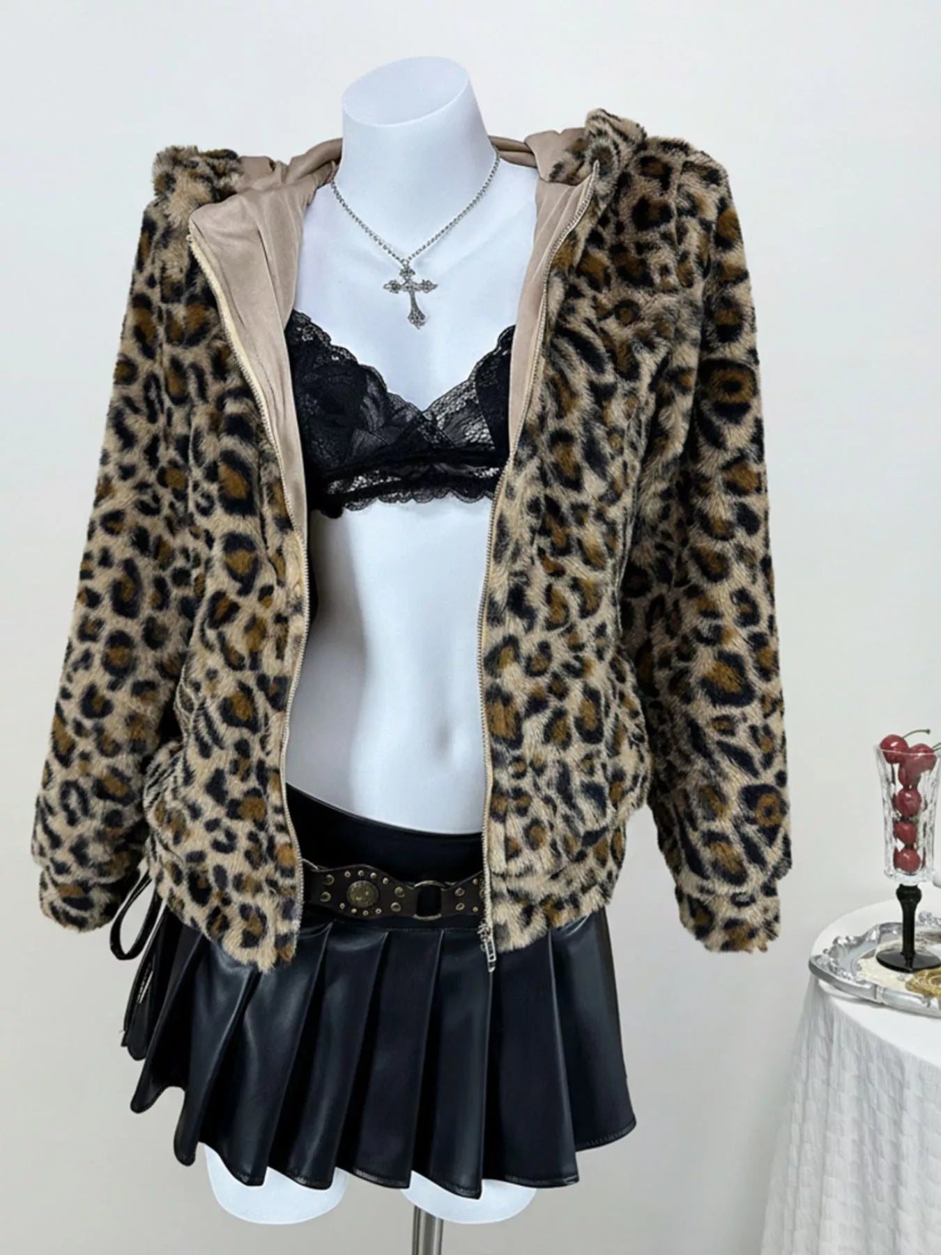 Leopard Plush Hooded Zip-Up Jacket in Brown