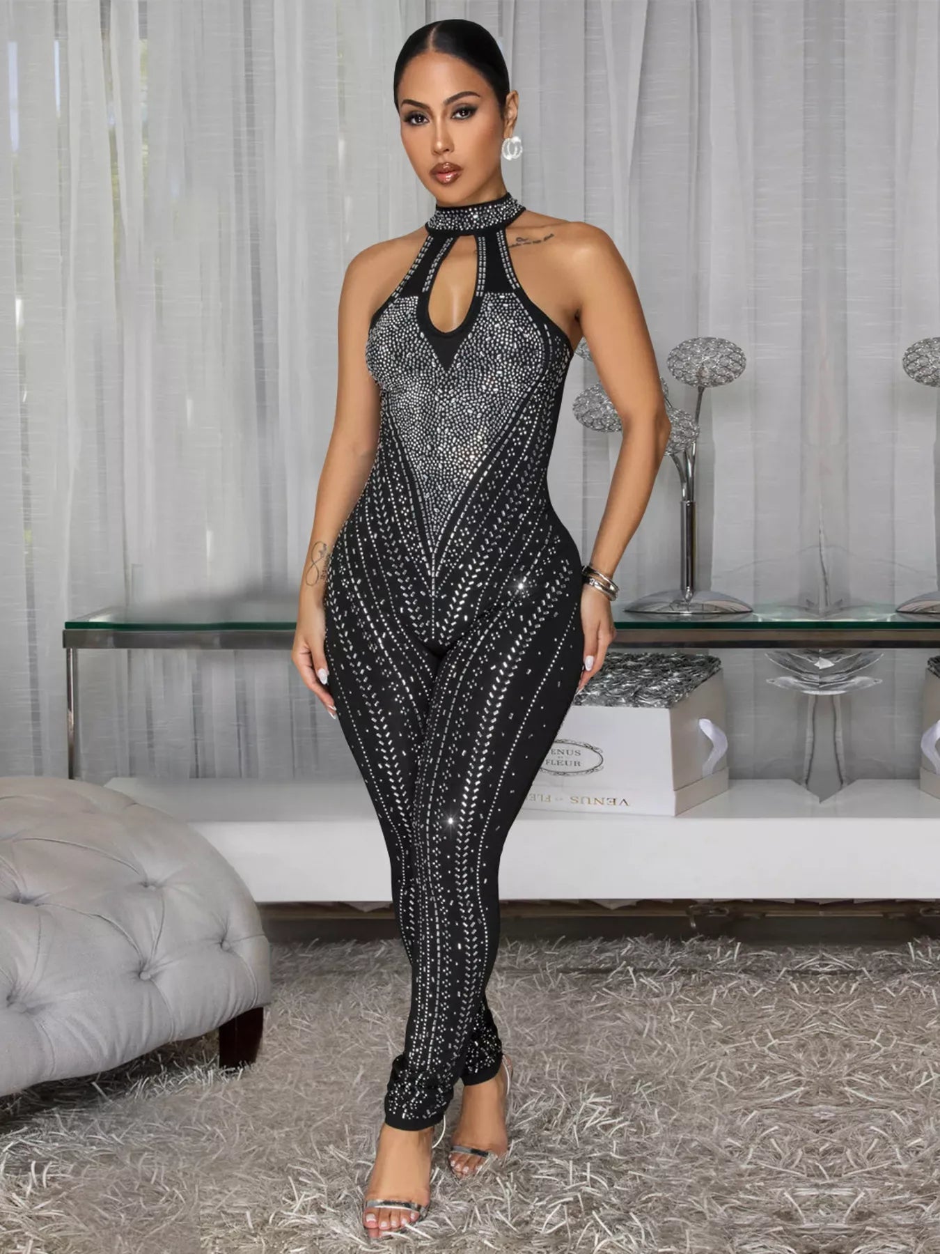 Sparkling Rhinestone Cutout Jumpsuit in Black