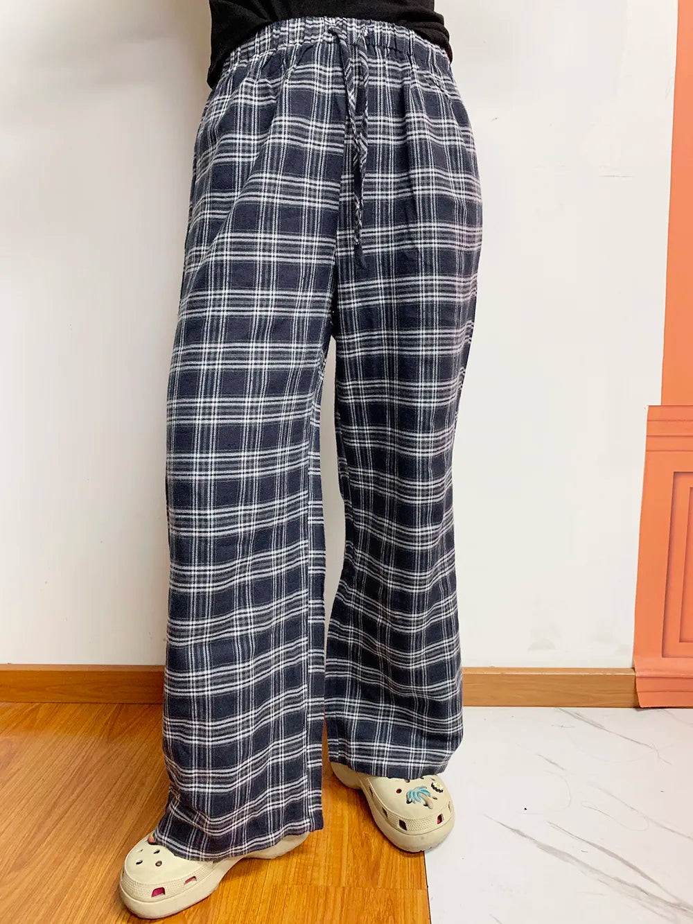 Plaid Wide-Leg Pants in Dusty Blue