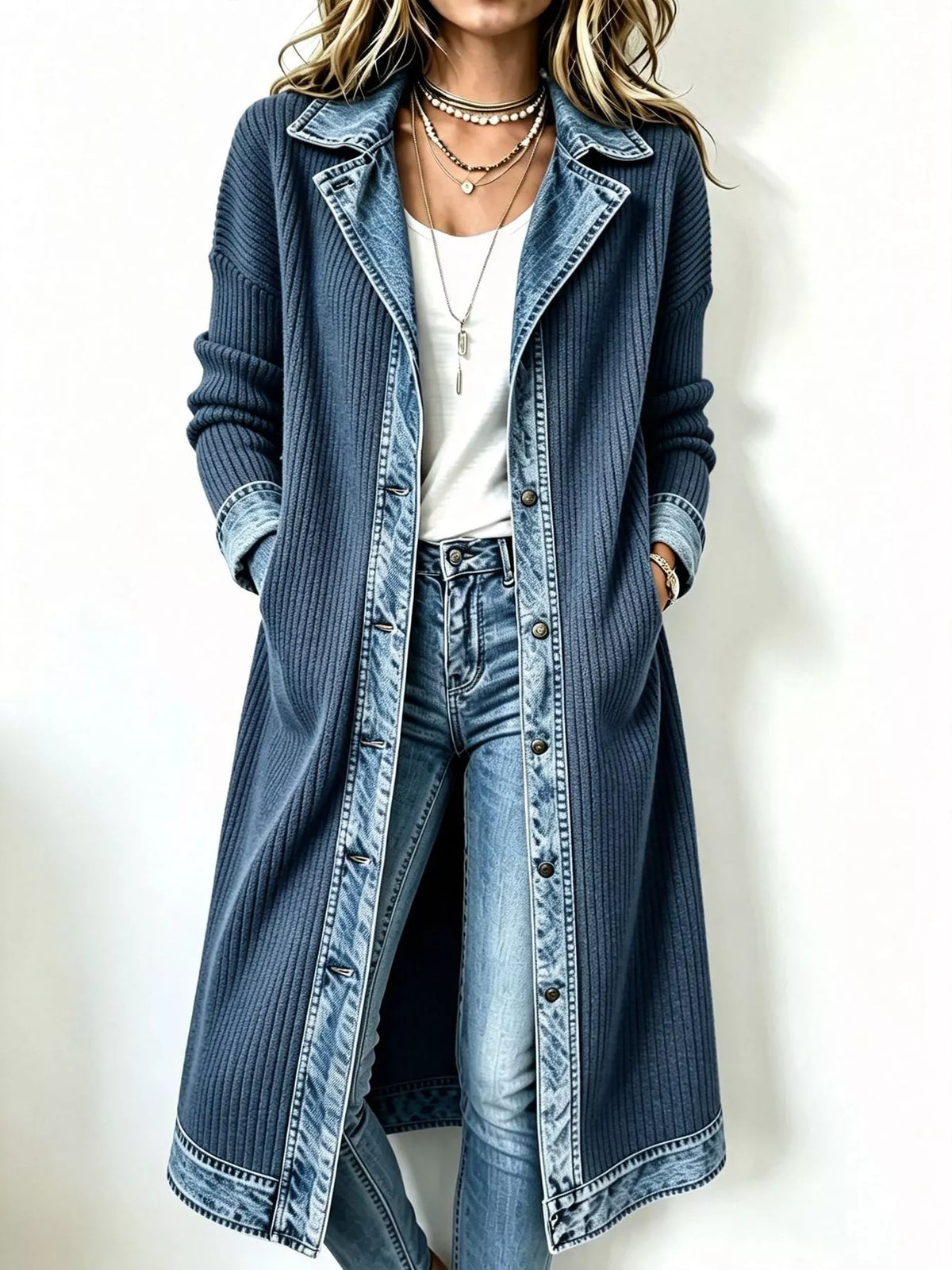 Denim-Trimmed Longline Cardigan