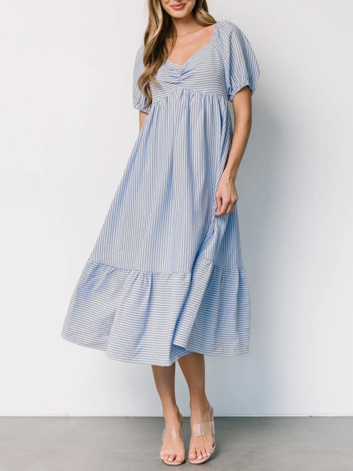 Striped Puff-Sleeve Sweetheart Midi Dress