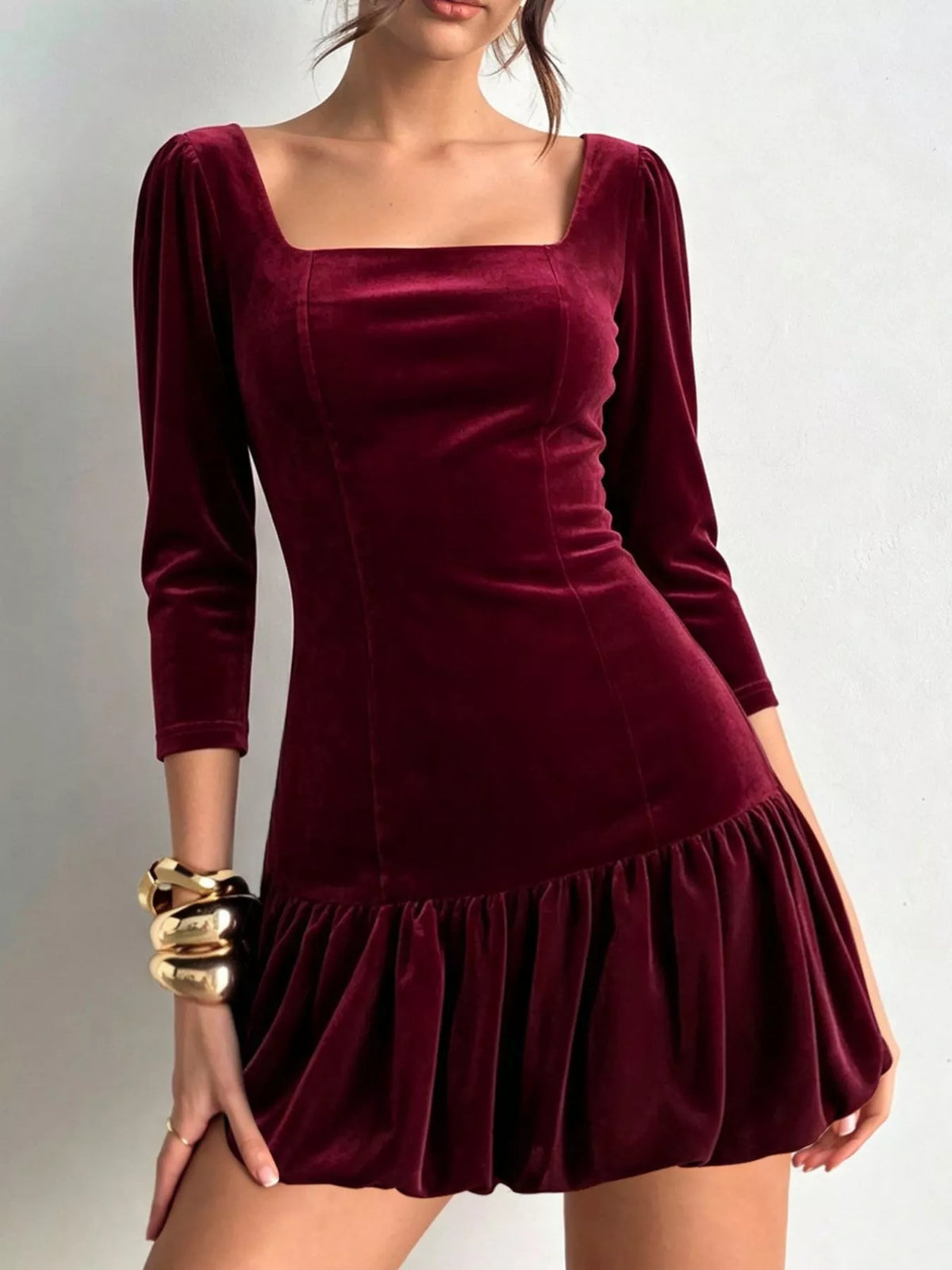 Velvet Square-Neck Mini Dress in Burgundy