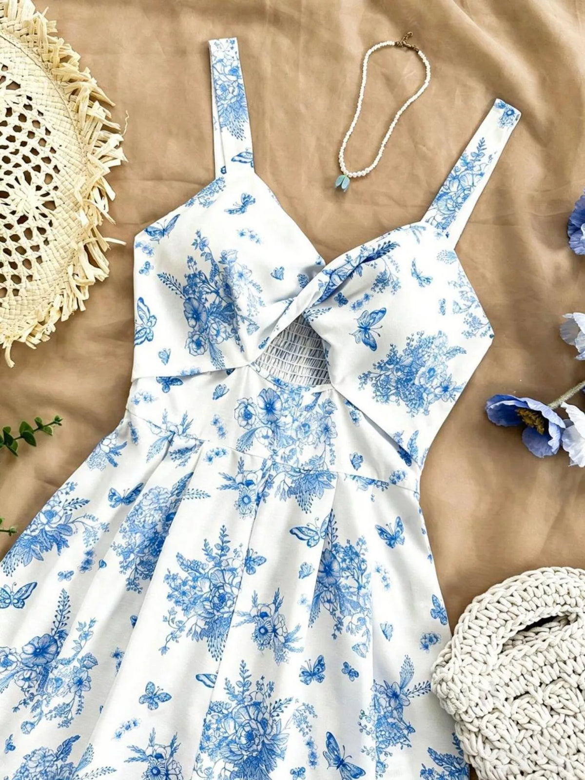 Floral Cutout Romper in Light Blue