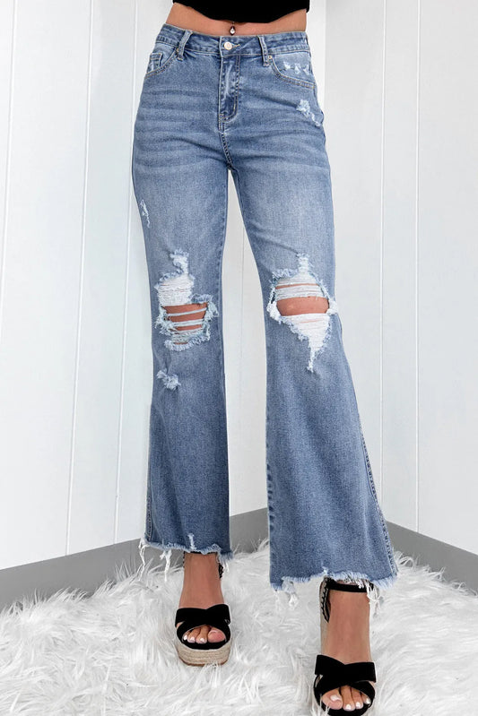 Distressed Raw Hem Bootcut Jeans in Medium Wash