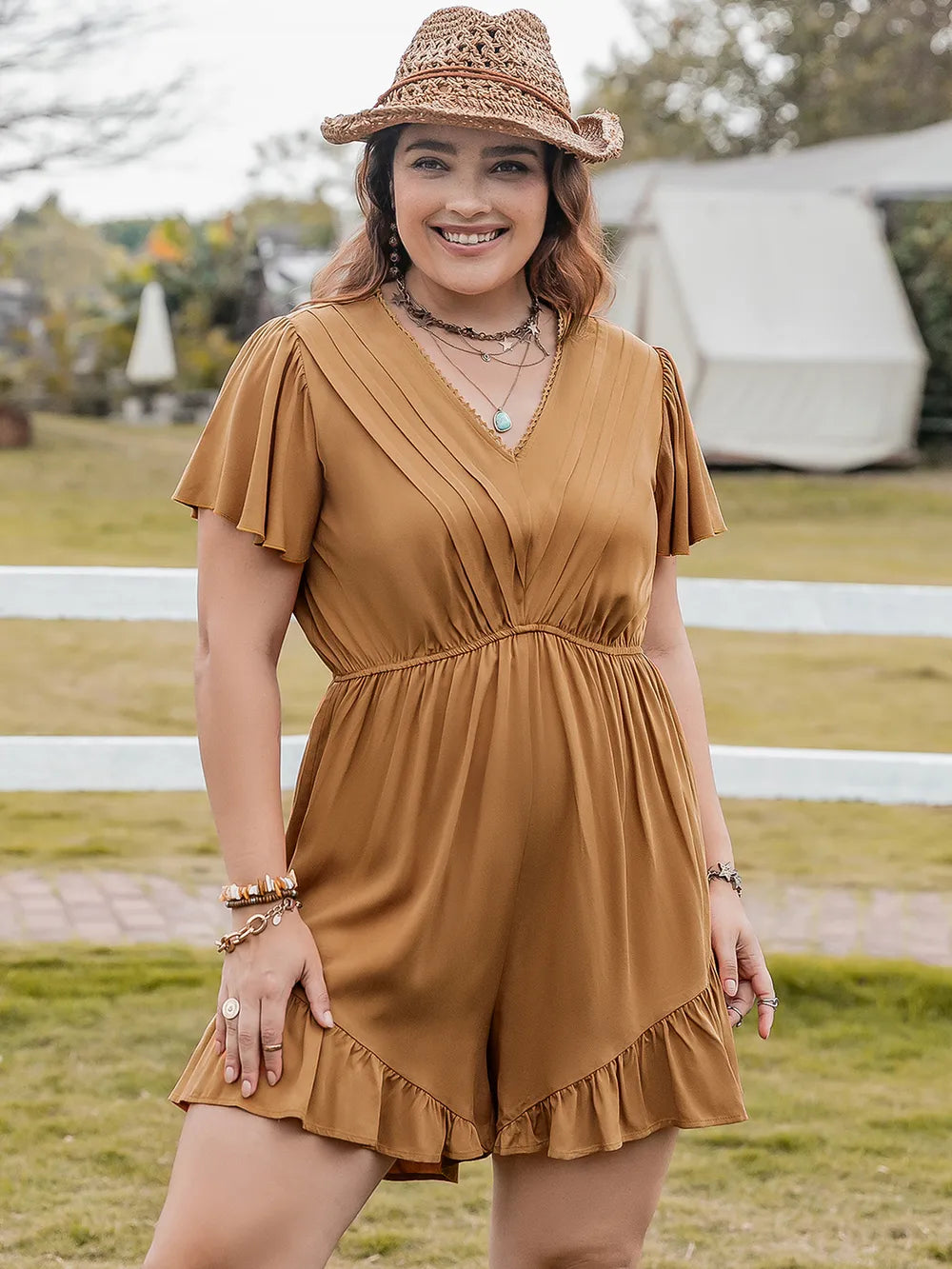 Ruffled V-Neck Romper in Caramel