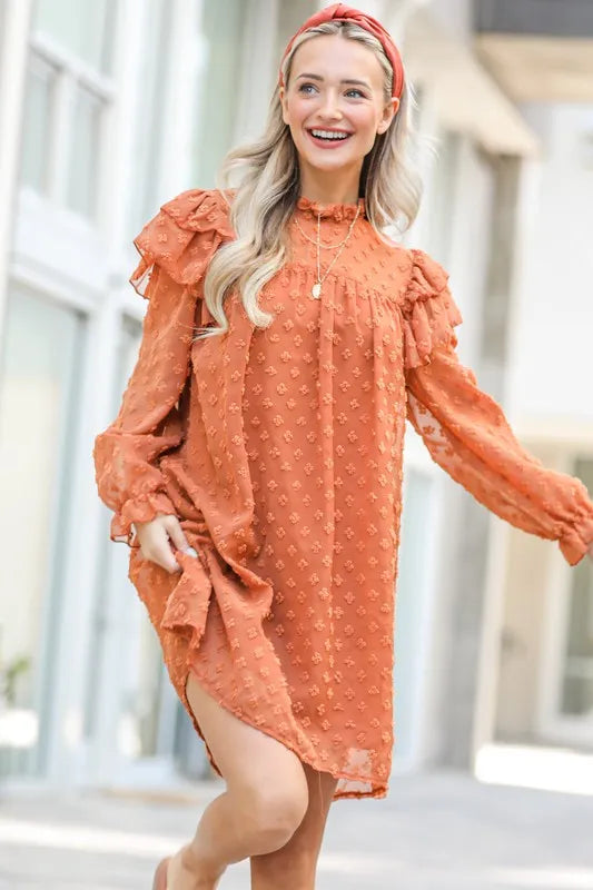 And The Why Ruffle Shoulder Swiss Dot Dress in Camel