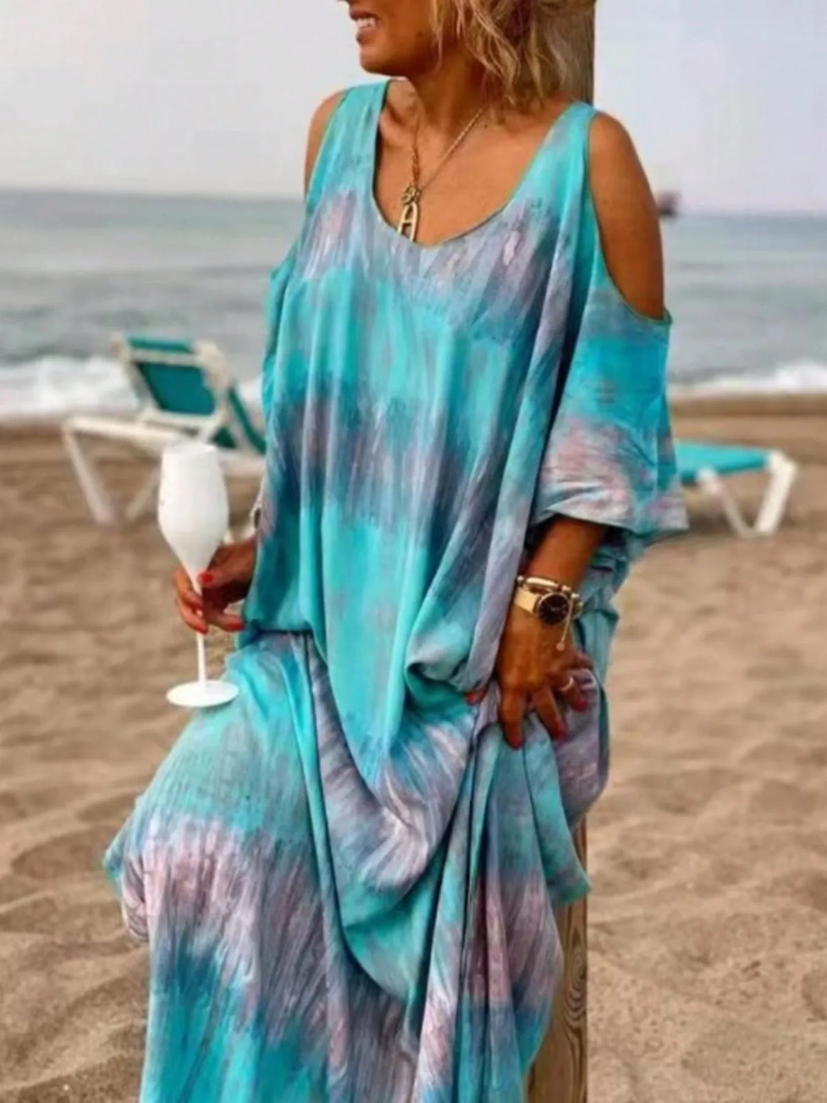 Tie-Dye Cold Shoulder Maxi Dress in Blue in Rx9916—blue