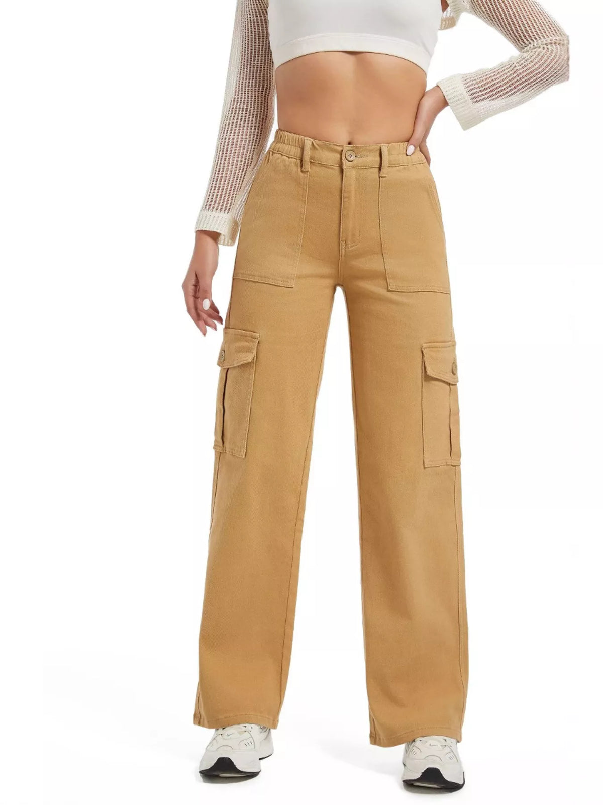 High-Waisted Cargo Jeans with Contrast Stitching