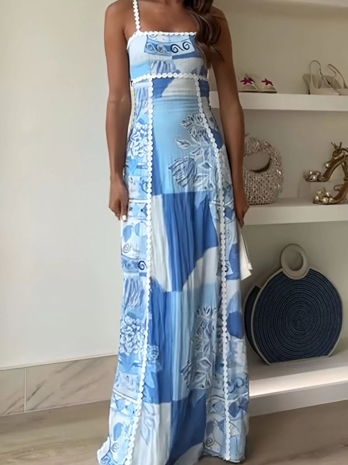 Bow Cutout Back Square Neck Maxi Dress in Sky Blue