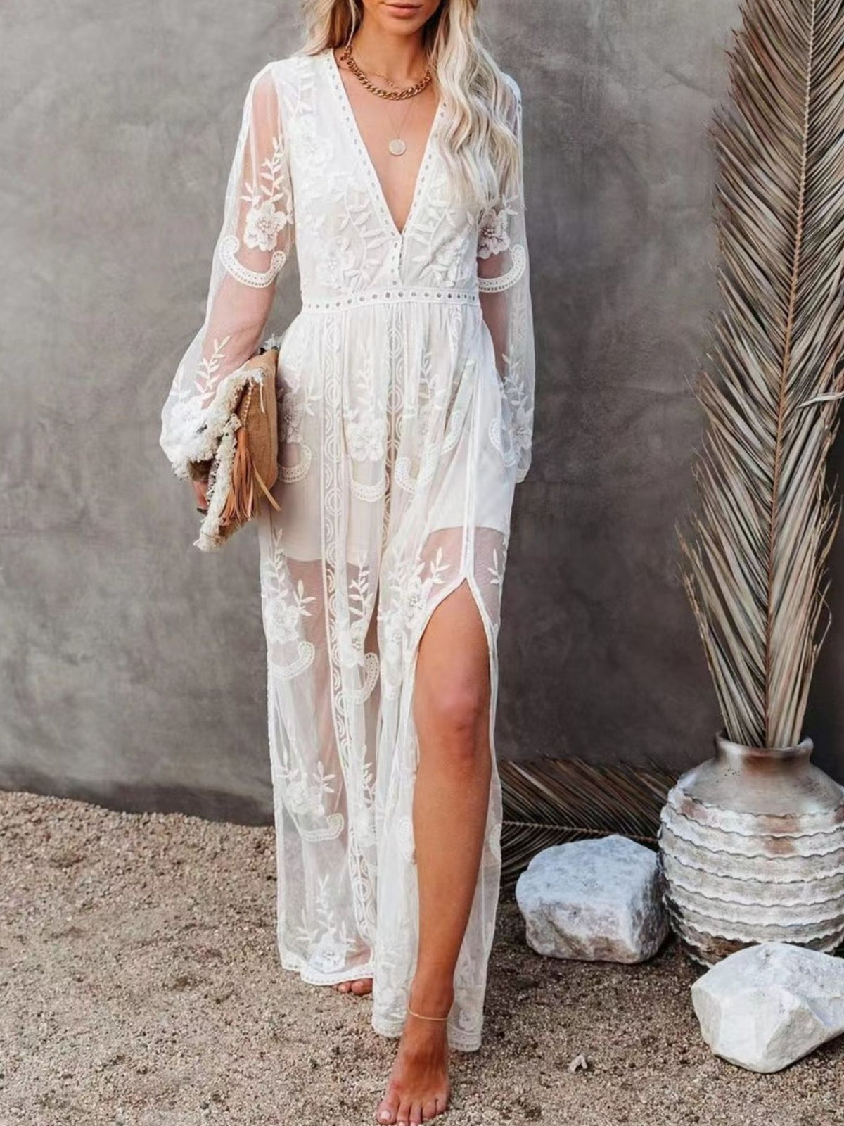 Floral Lace Maxi Dress with Side Slit