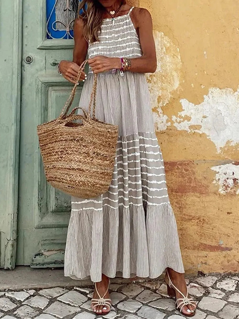 Tiered Striped Cami Dress in Light Gray