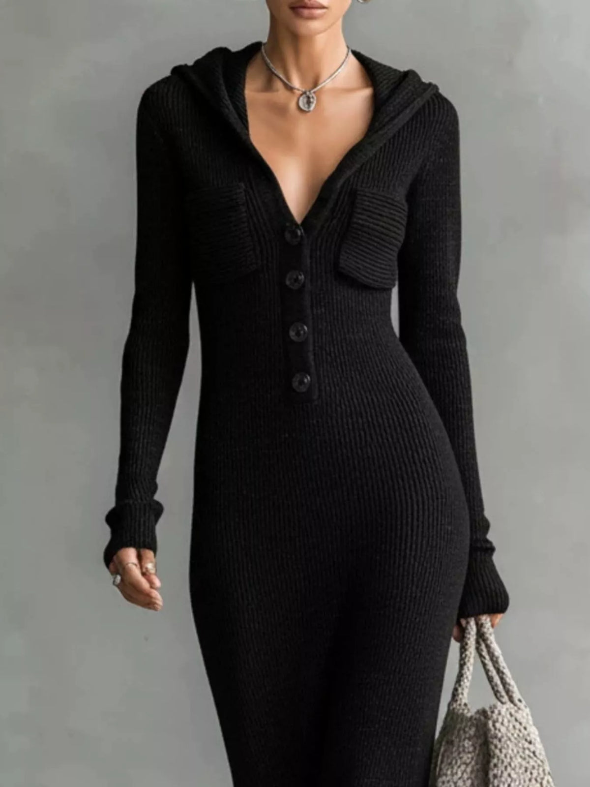 Hooded Knit Maxi Dress with Chest Pockets
