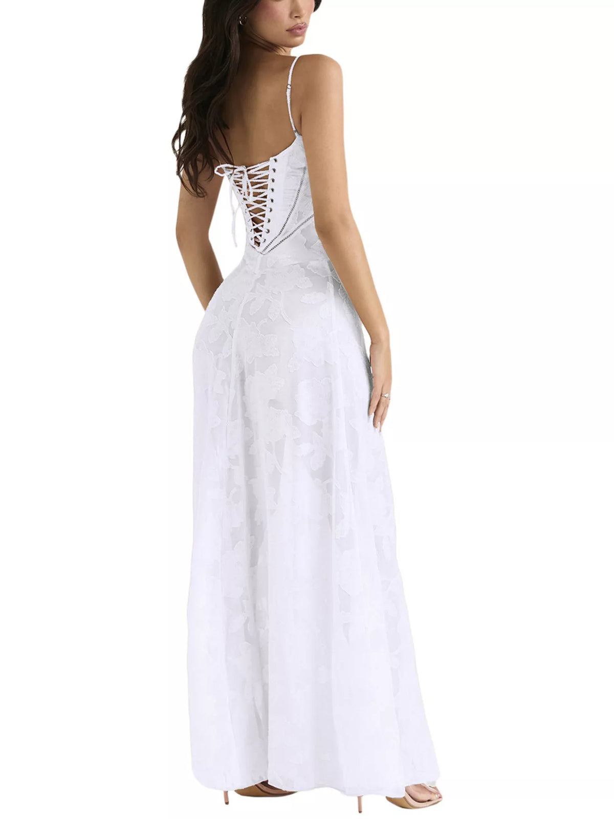 Lace-Up Spaghetti Strap Maxi Dress in Black by Elegant Elements