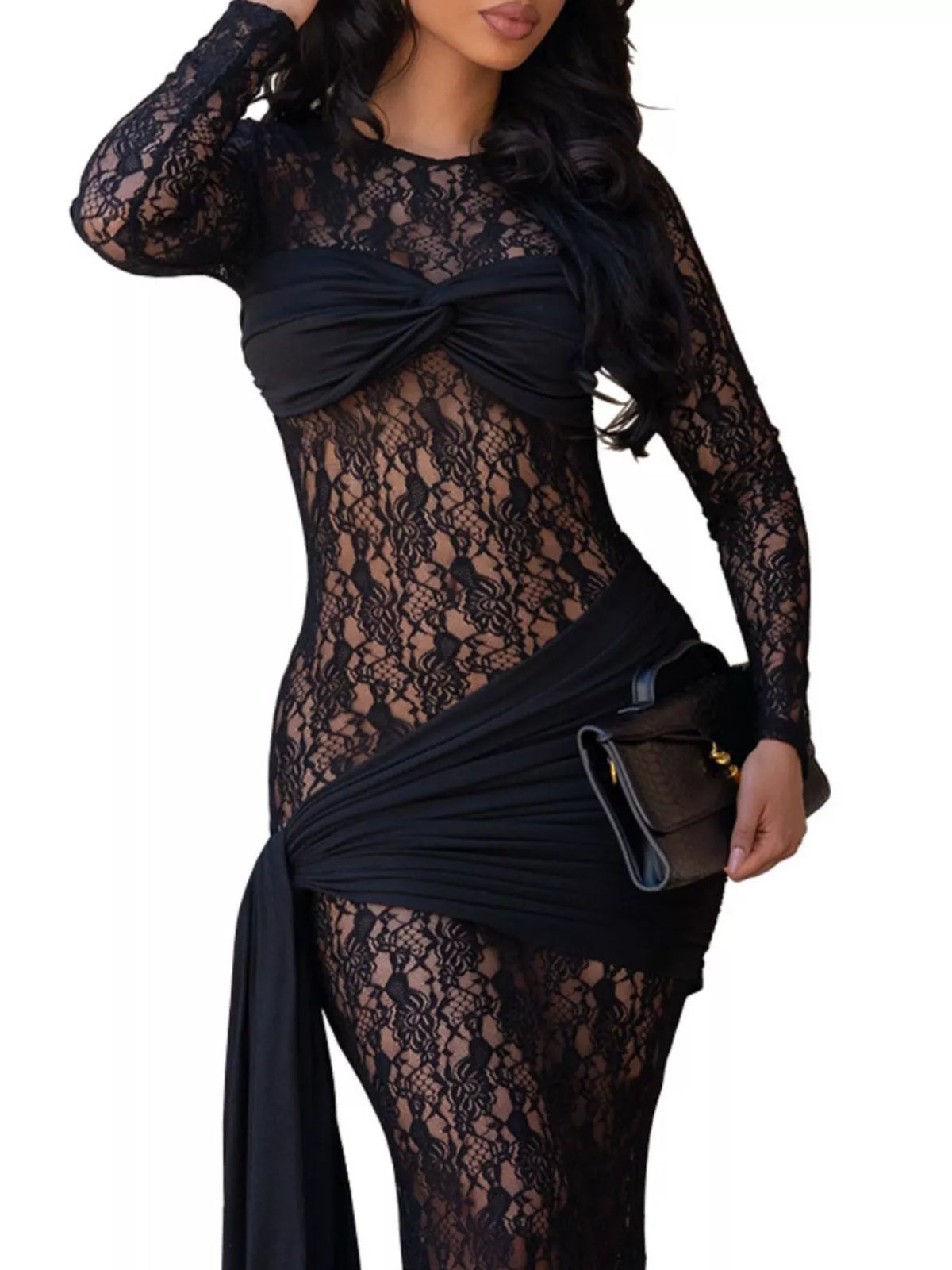 Lace Long Sleeve Maxi Dress in Black