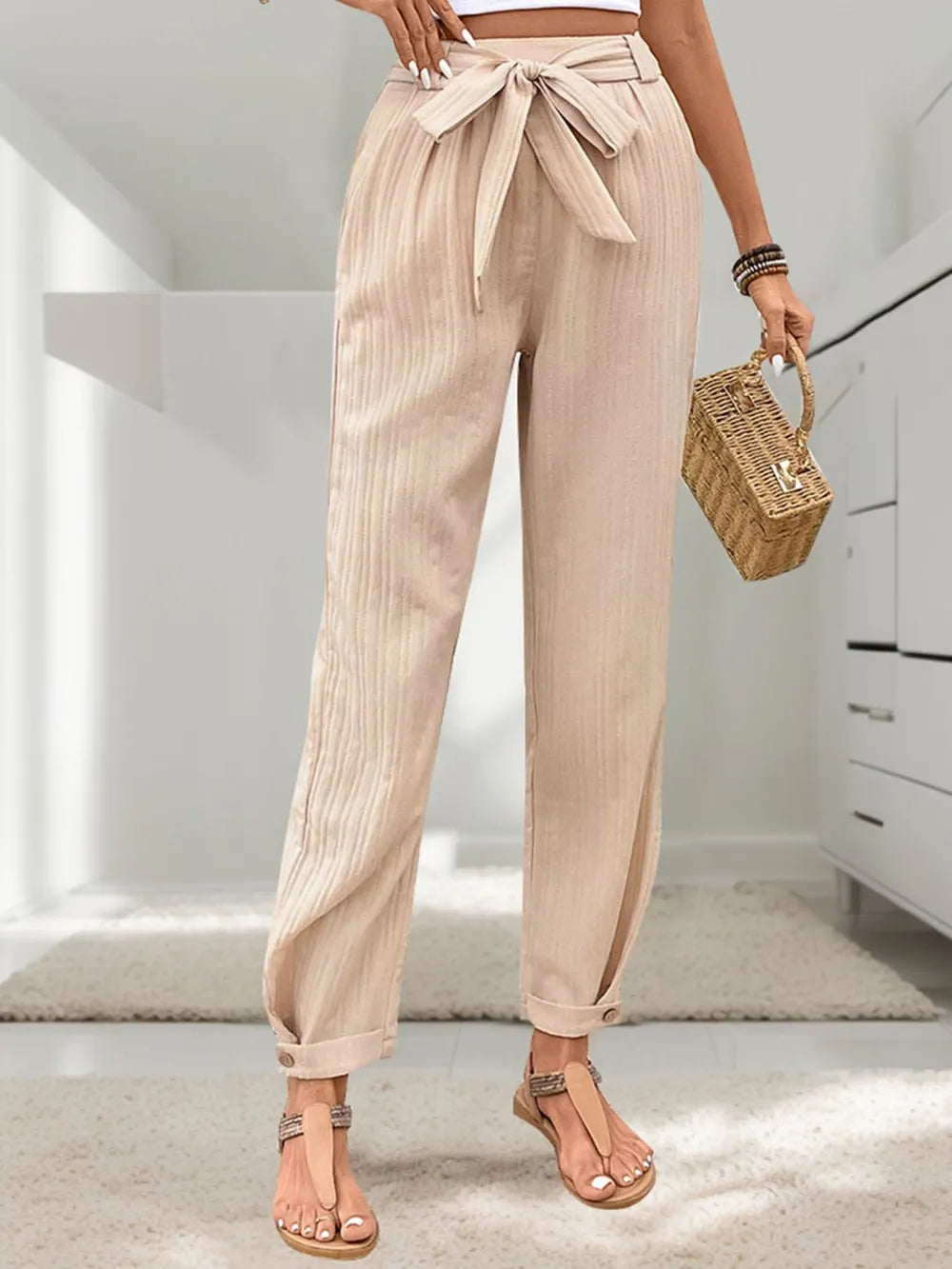 Tied High-Waist Pants in Tan