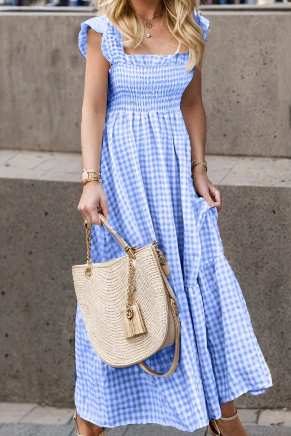 Smocked Plaid Ruffle Hem Dress