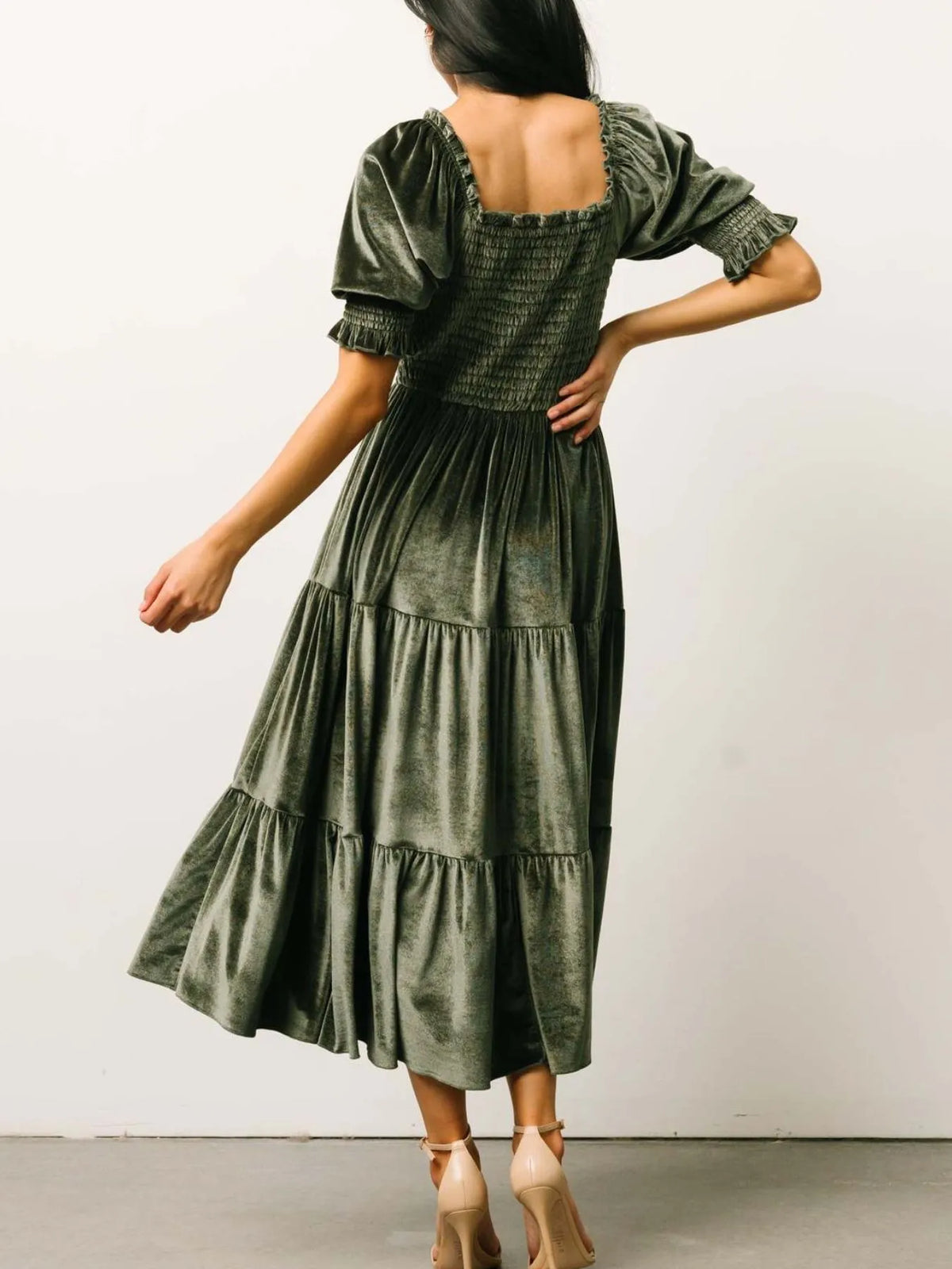 Smocked Half-Sleeve Tiered Midi Dress