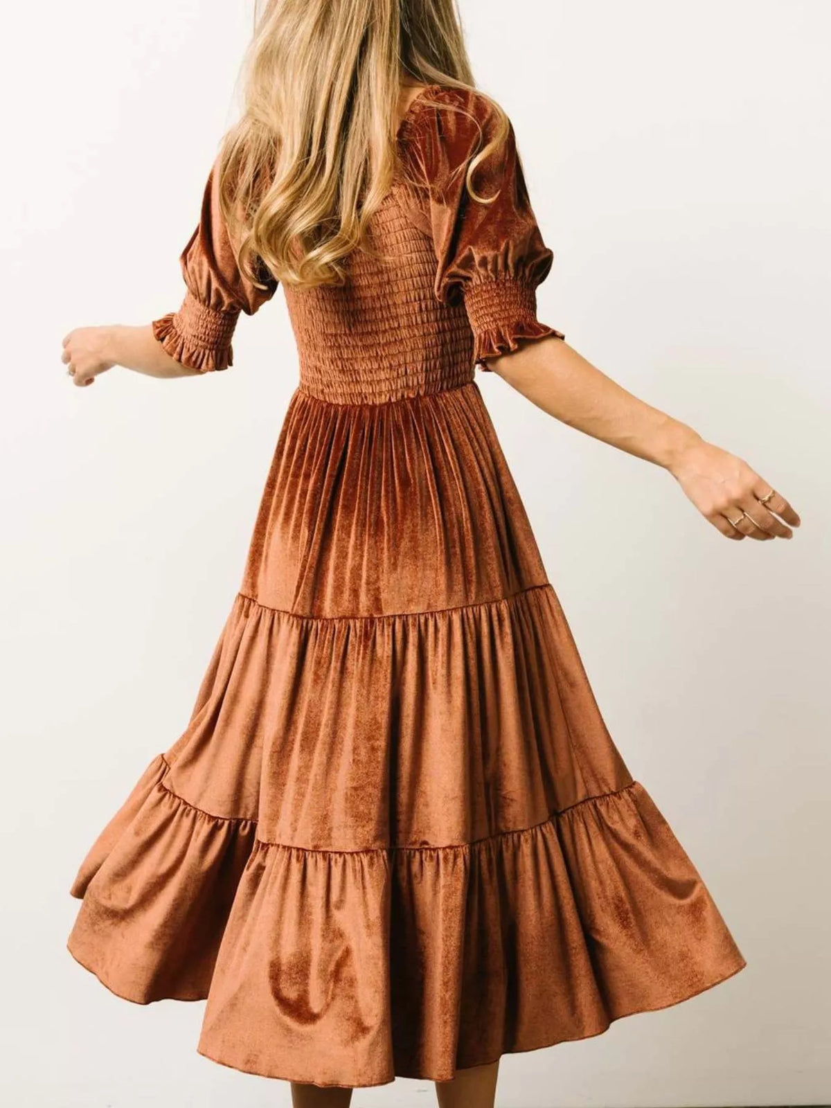 Smocked Tiered Velvet Midi Dress