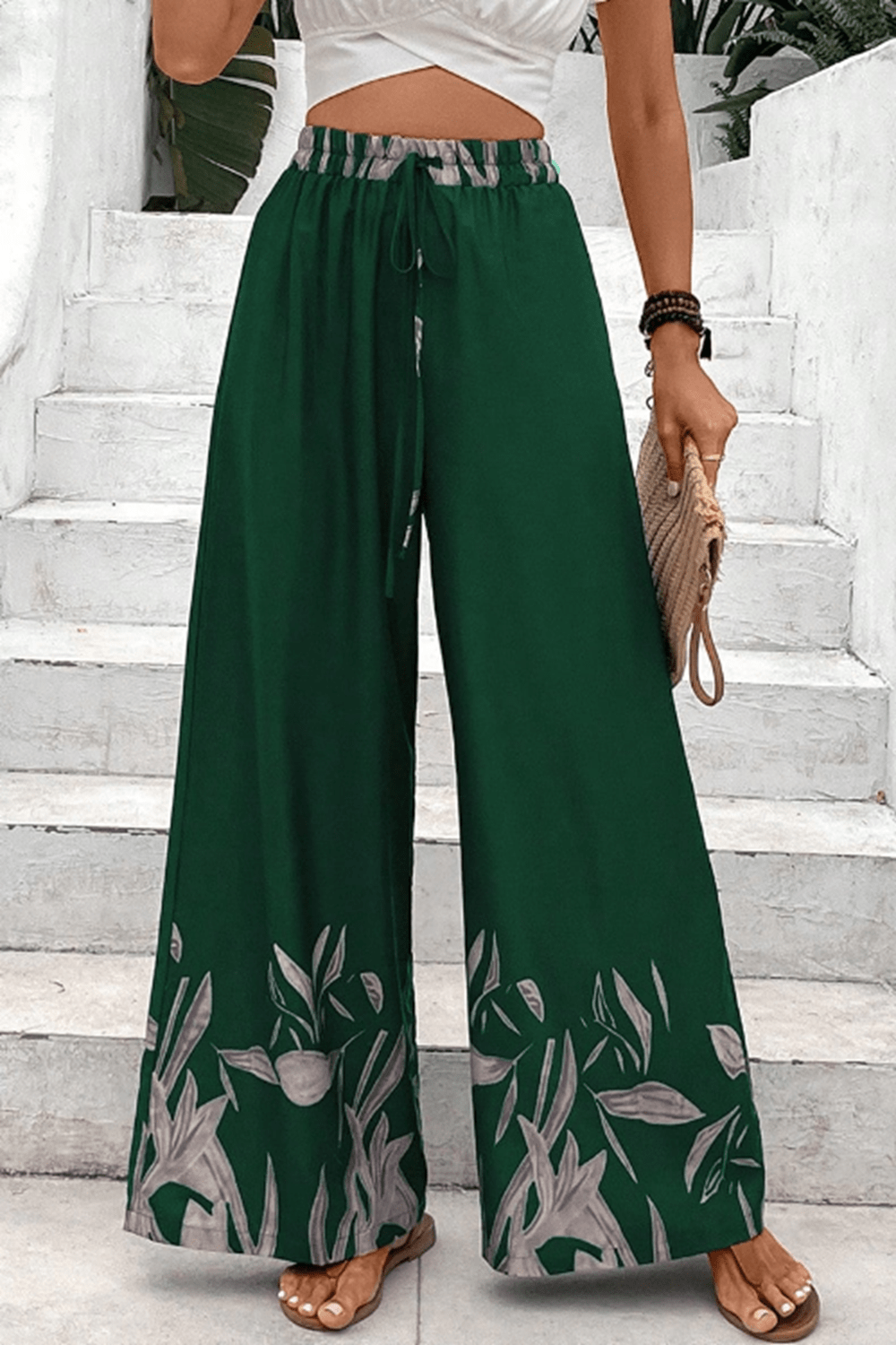 Drawstring High Waist Relaxed Pants in Green