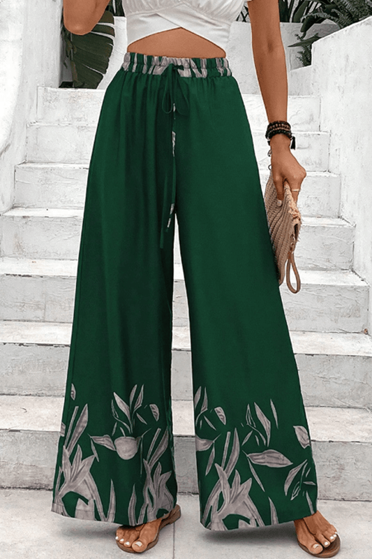 Drawstring High Waist Relaxed Pants in Green