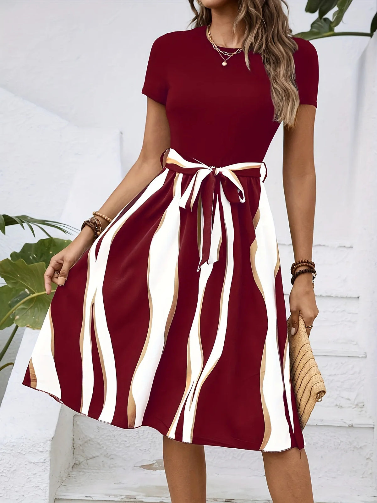 Striped Short Sleeve Tie Waist Dress by Classic Comfort