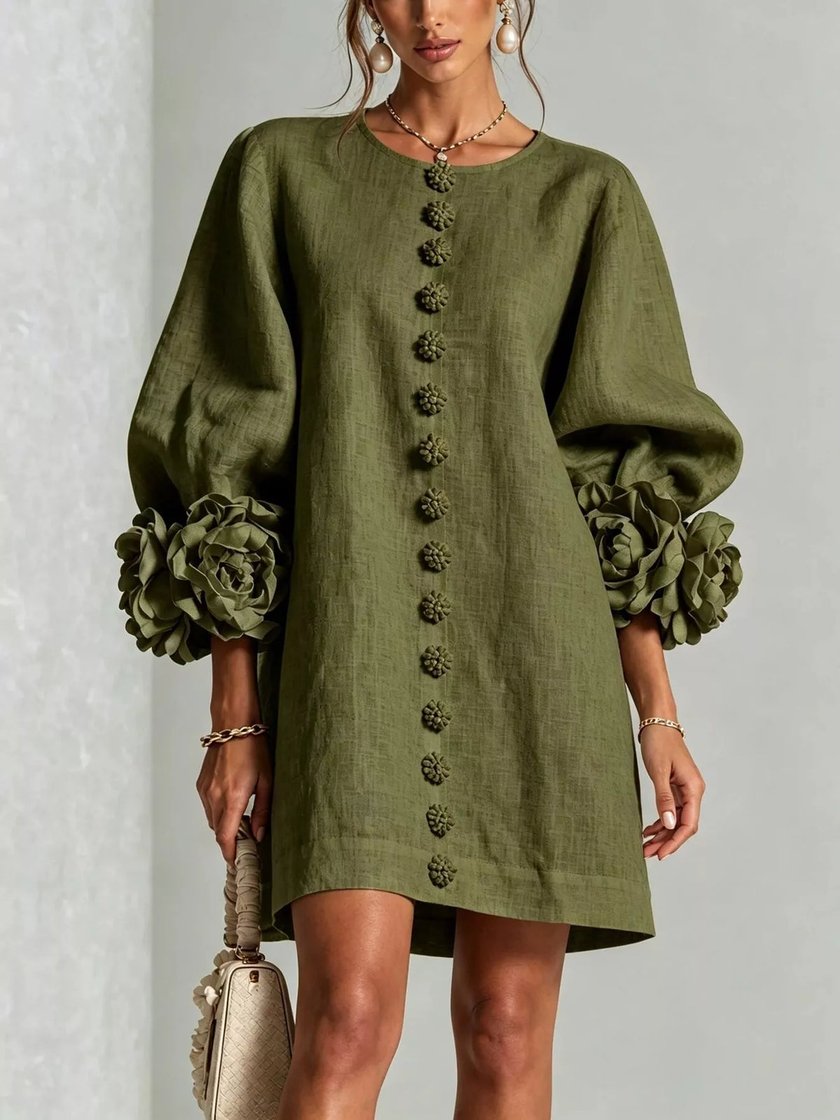 3D Floral Sleeve Round Neck Dress, Plus Size