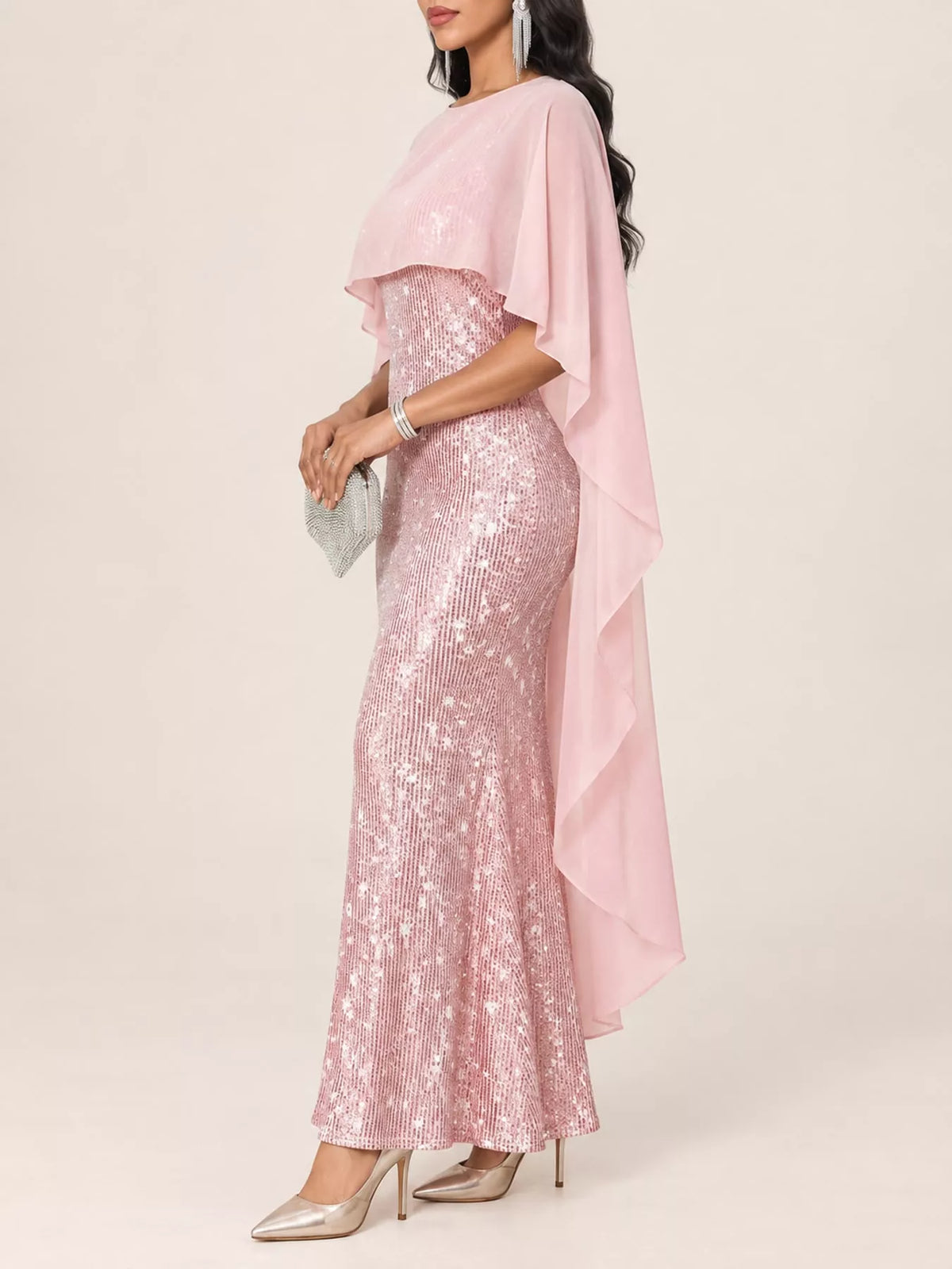 Sequin Cape-Overlay Evening Dress