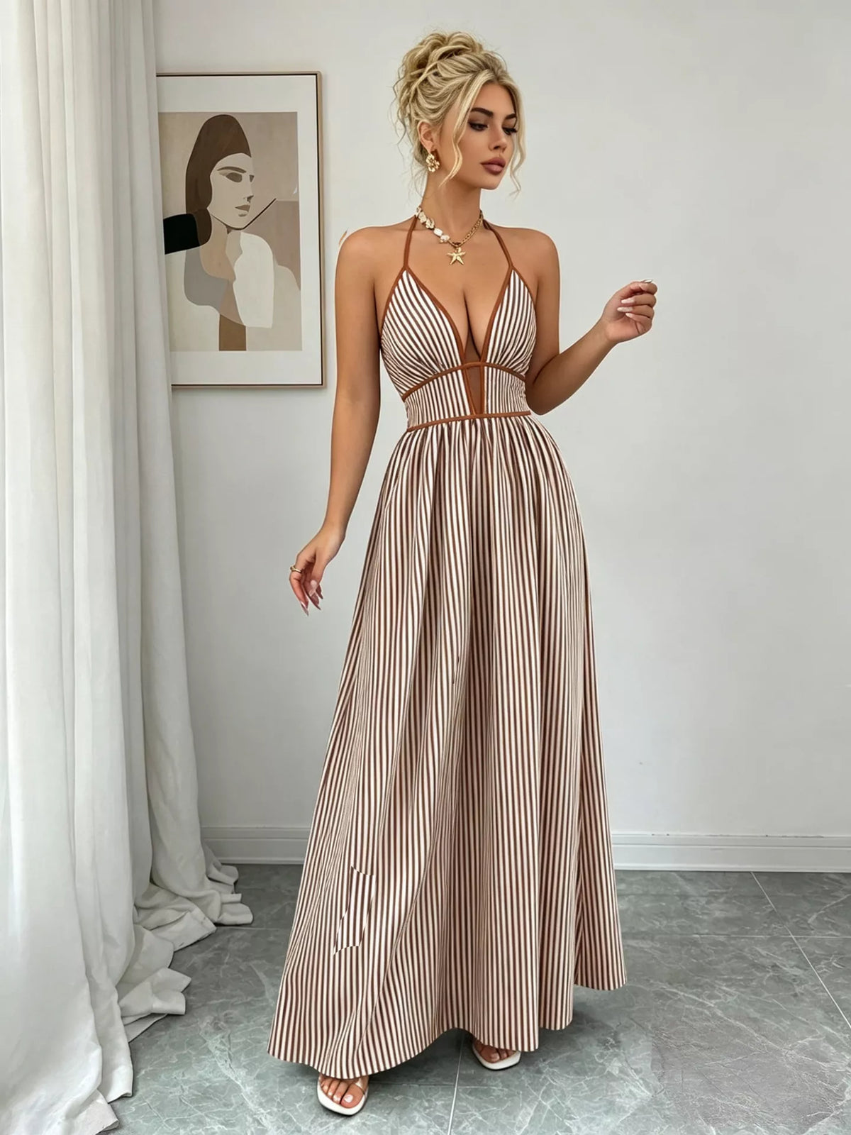 Striped Smocked Halter Neck Maxi Dress