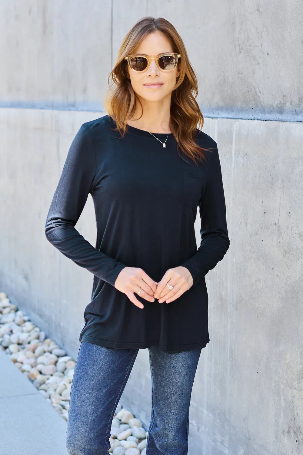 Basic Bae Pocketed Round Neck Long Sleeve Top