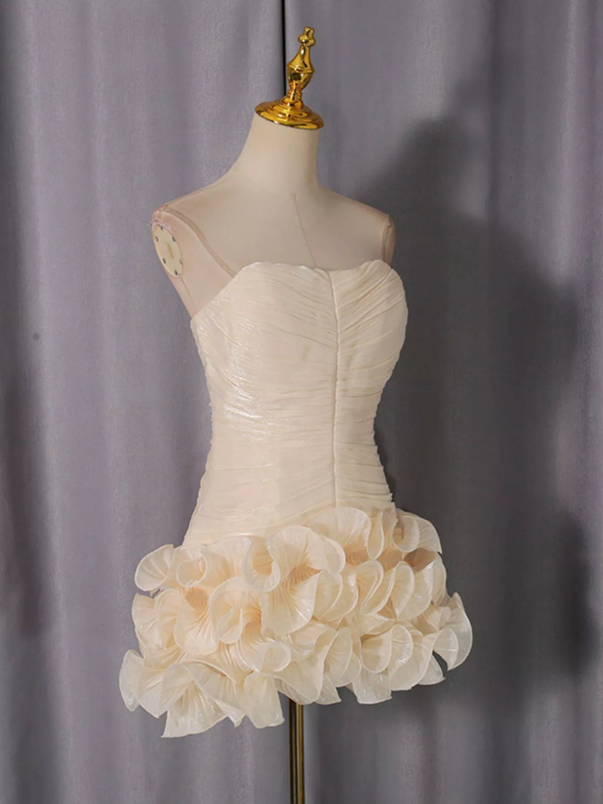 Strapless Ruffle Ruched Mini Dress in Apricot