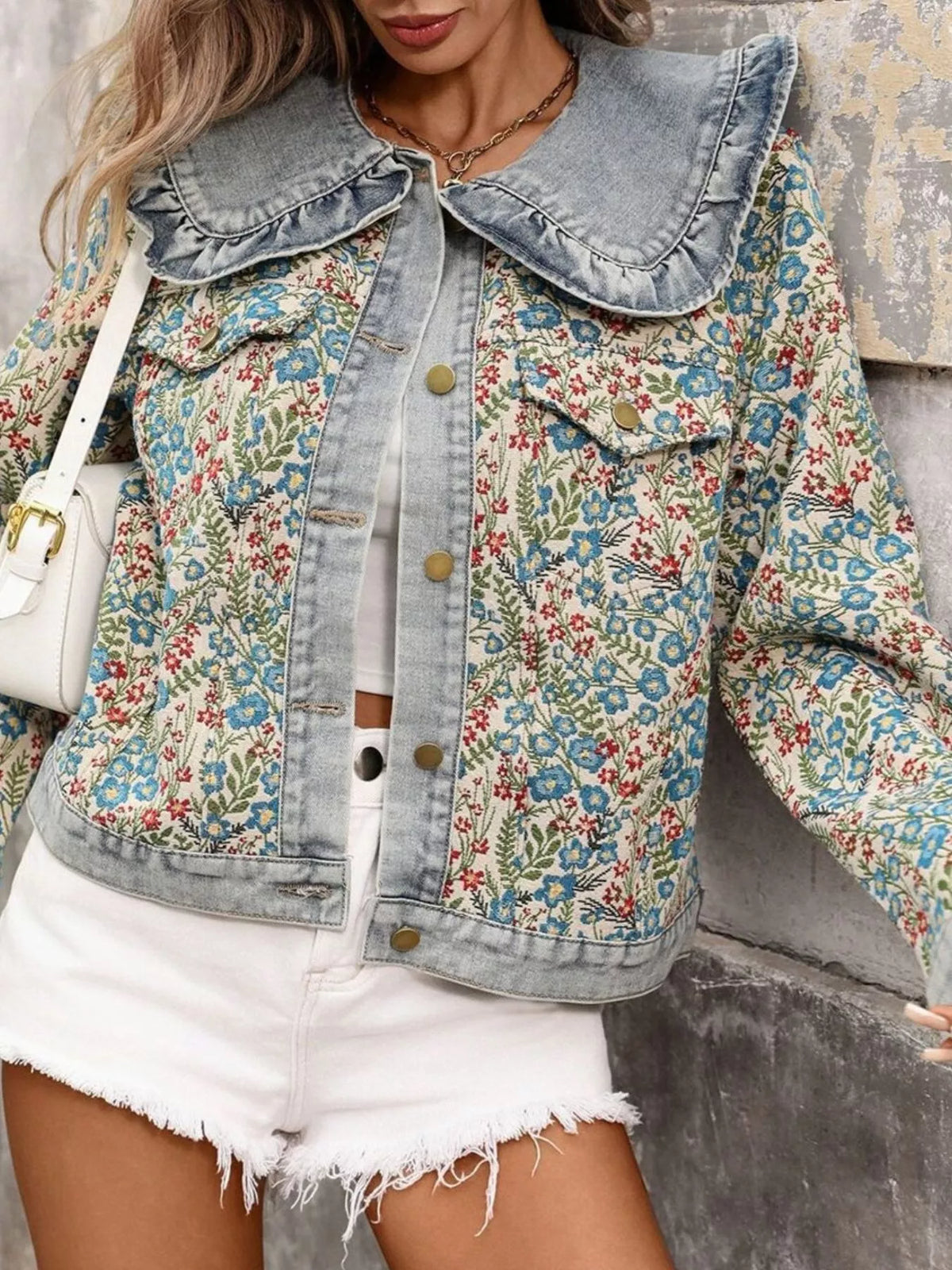 Ruffle Collar Denim Jacket by Moni Wear