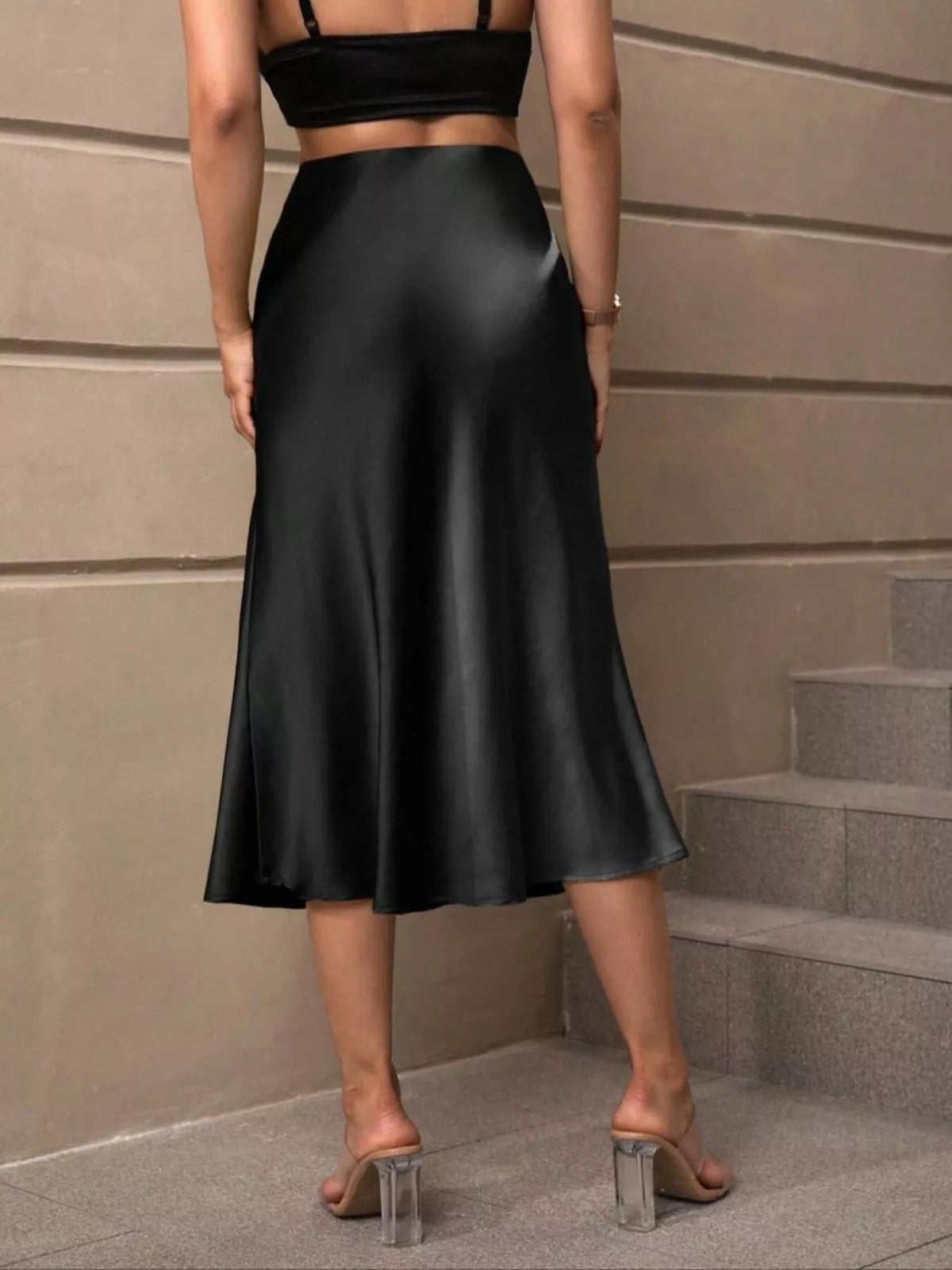 Satin Midi Skirt in Black