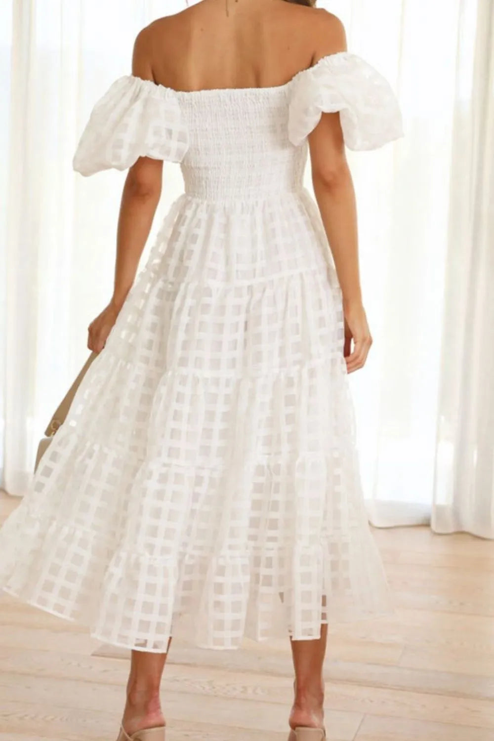 Off Shoulder Puff Sleeve Midi Dress