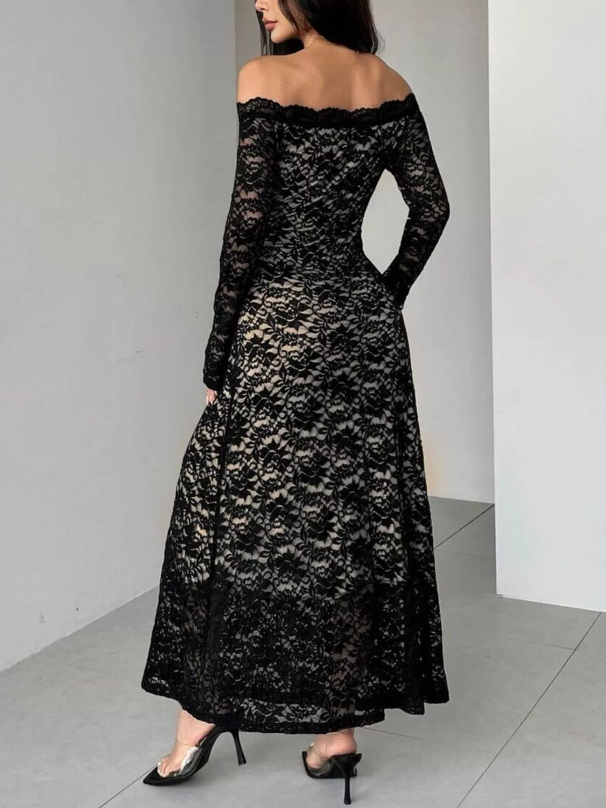 Off-Shoulder Lace Maxi Dress in Black