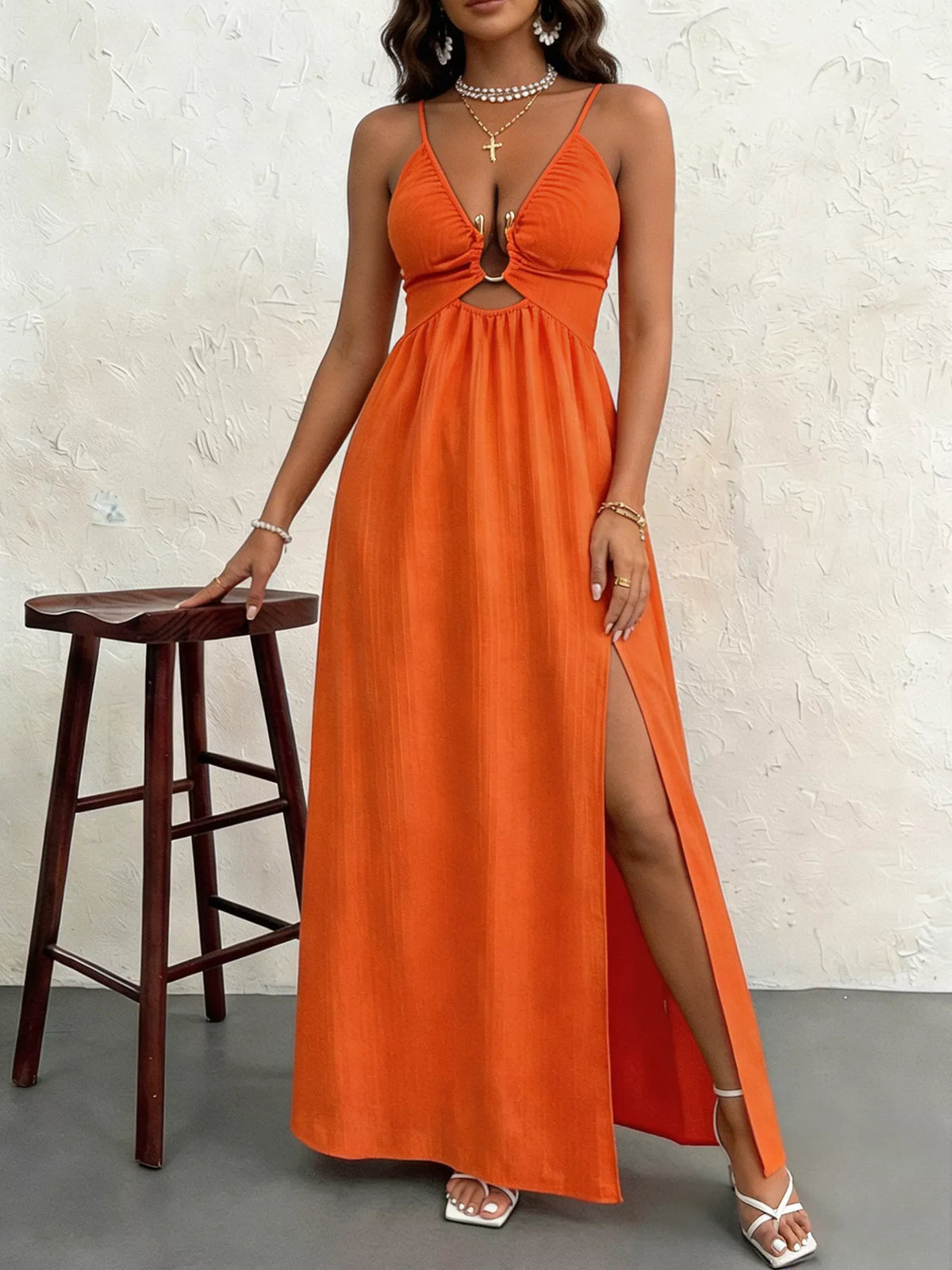 Cutout Slit Maxi Dress in Orange
