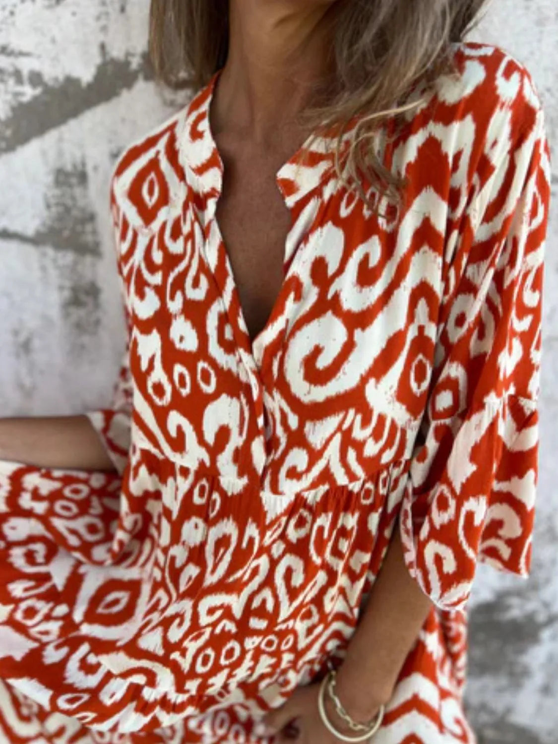 Notched Half Sleeve Printed Plus Size Dress