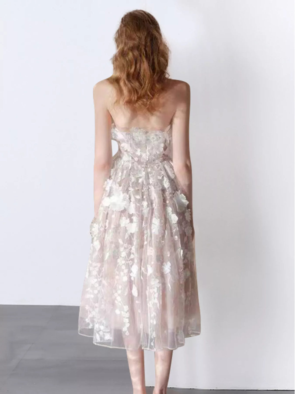 Strapless Floral Applique Midi Dress with Lace Detail