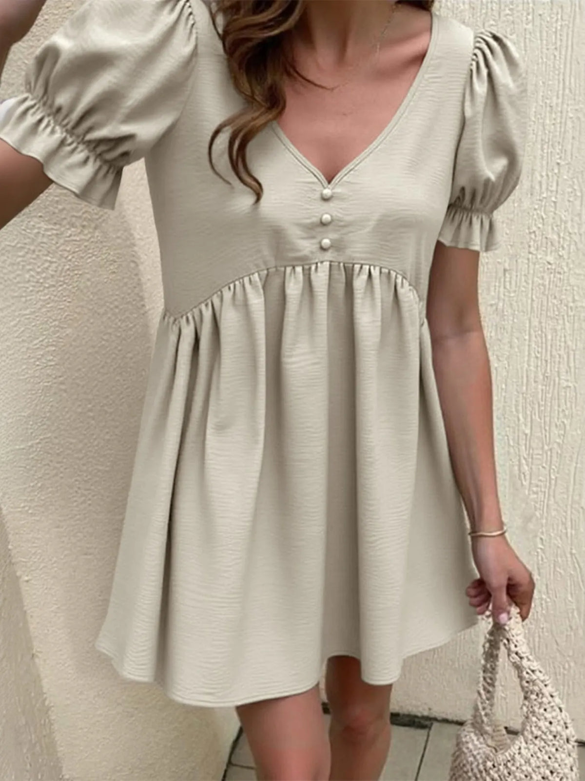 Puff Sleeve Babydoll Dress in Beige