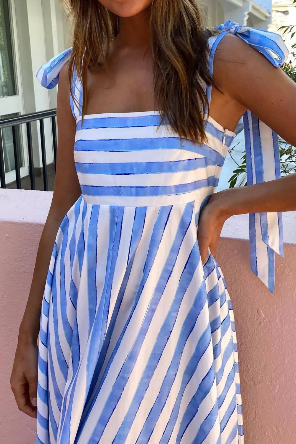 Striped Square Neck Dress in Blue