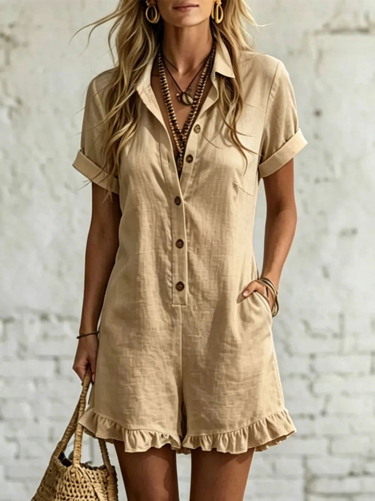 Button Front Ruffled Hem Romper