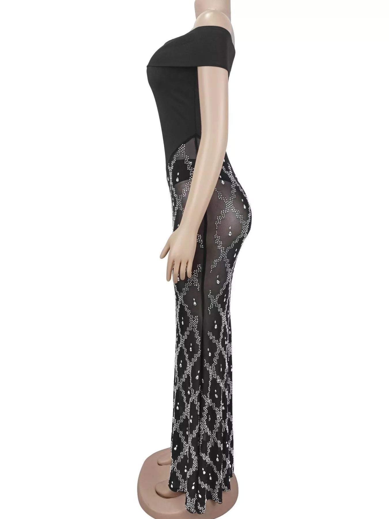 Off-Shoulder Rhinestone Sheer Maxi Dress in Black