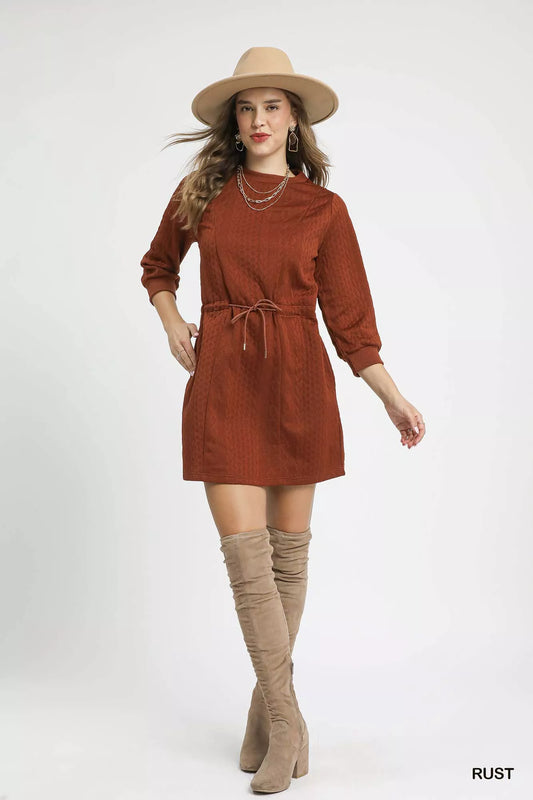 Umgee Drawstring Cable Knit Mini Dress in Rust