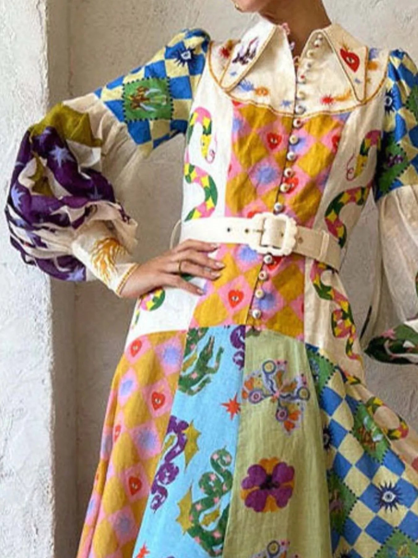 Smocked Lantern Sleeve Maxi Dress in Multicolor