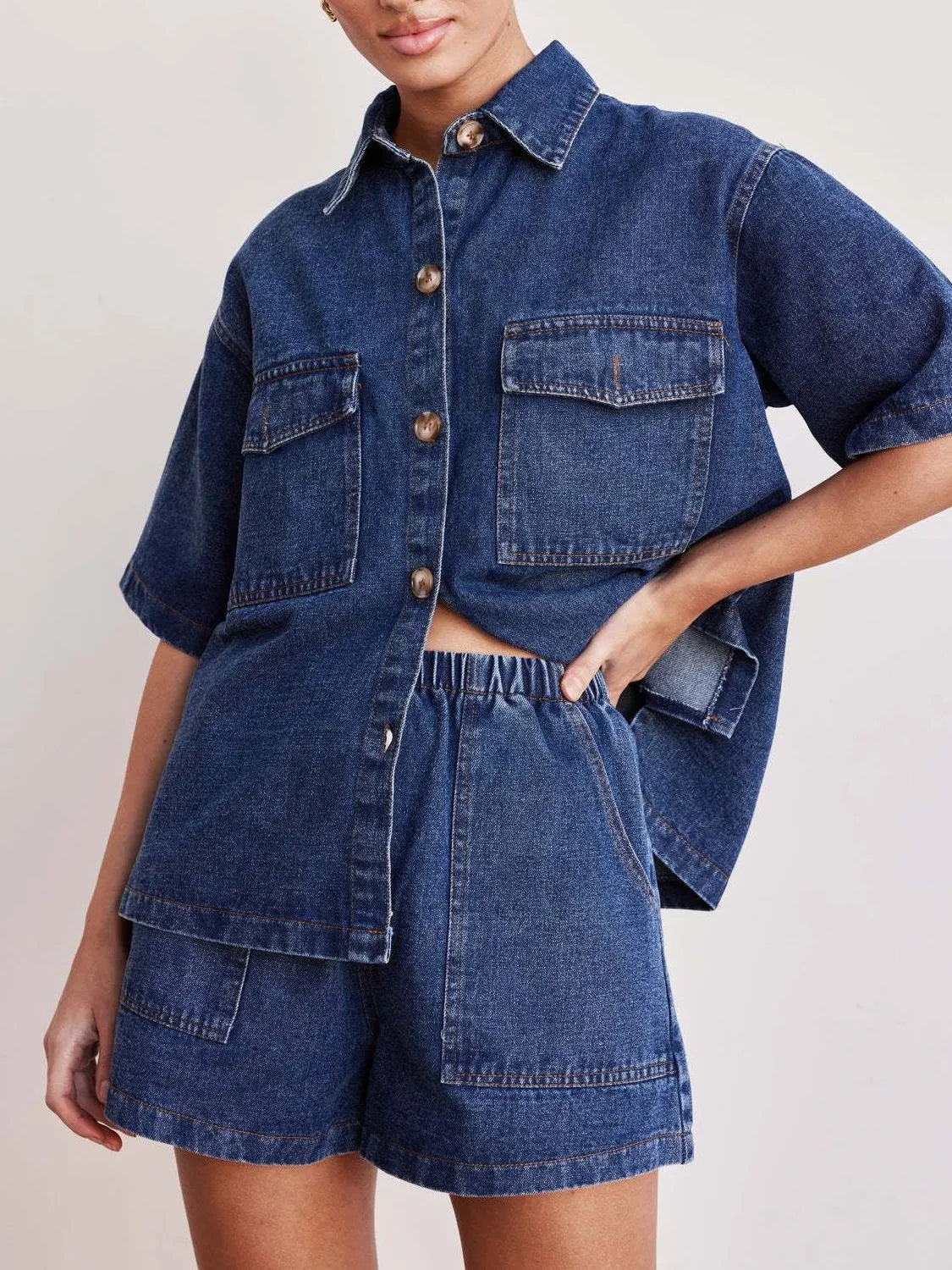 Button-Up Short Sleeve Denim Top and Shorts Set