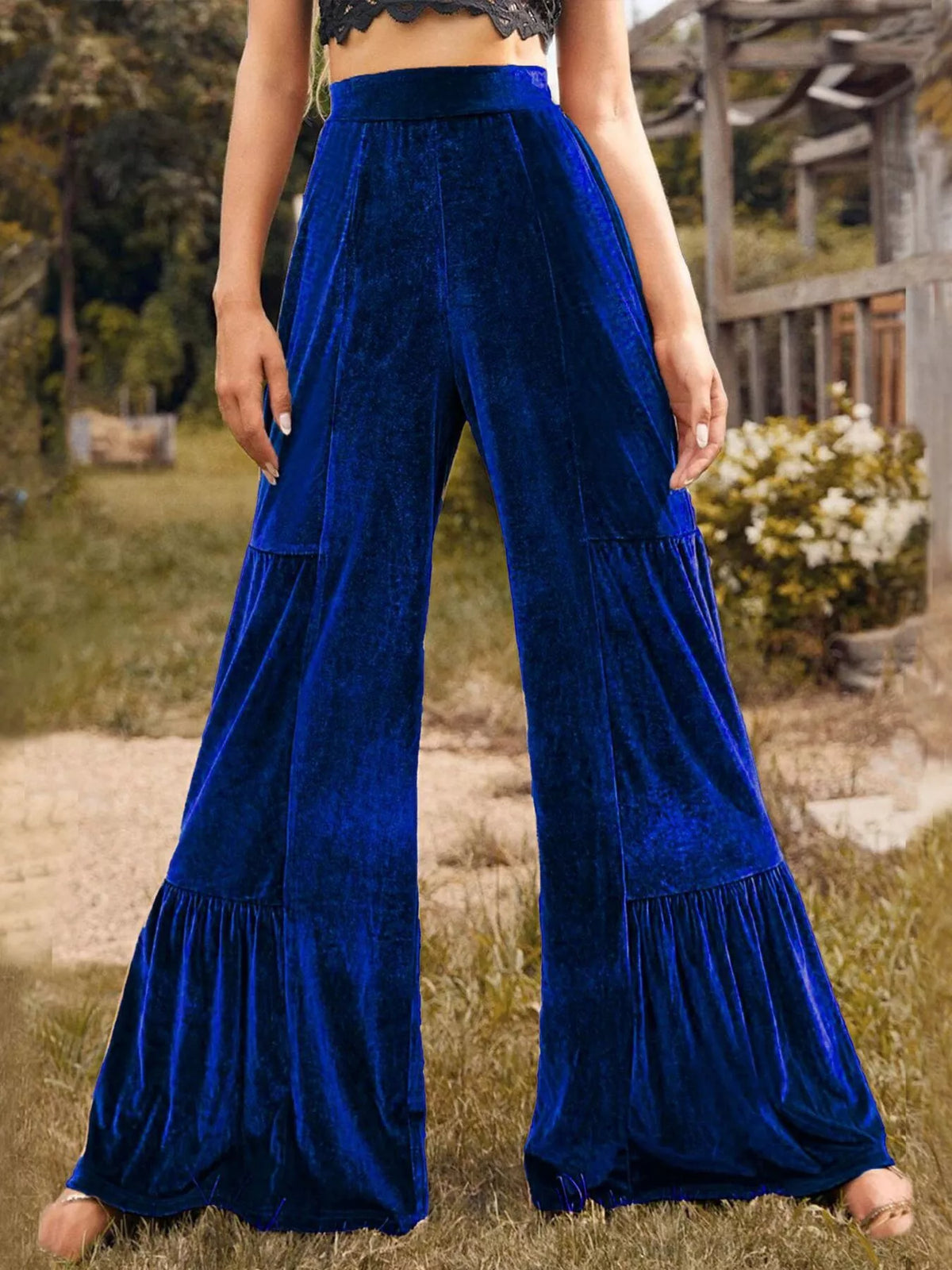Ruched Velvet Wide-Leg Pants