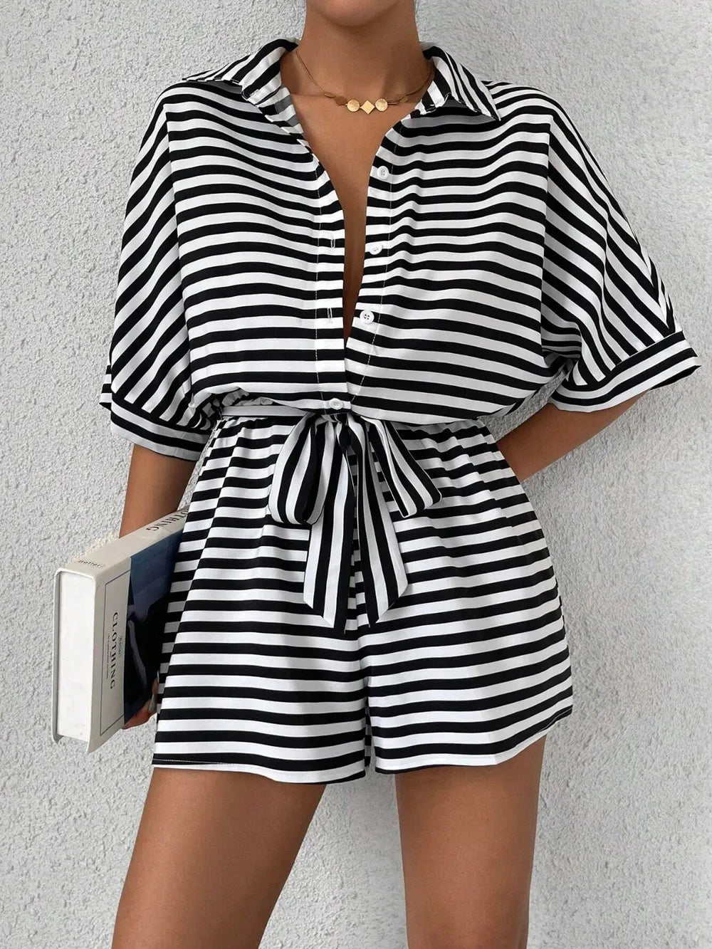 Half-Button Tie Waist Striped Romper