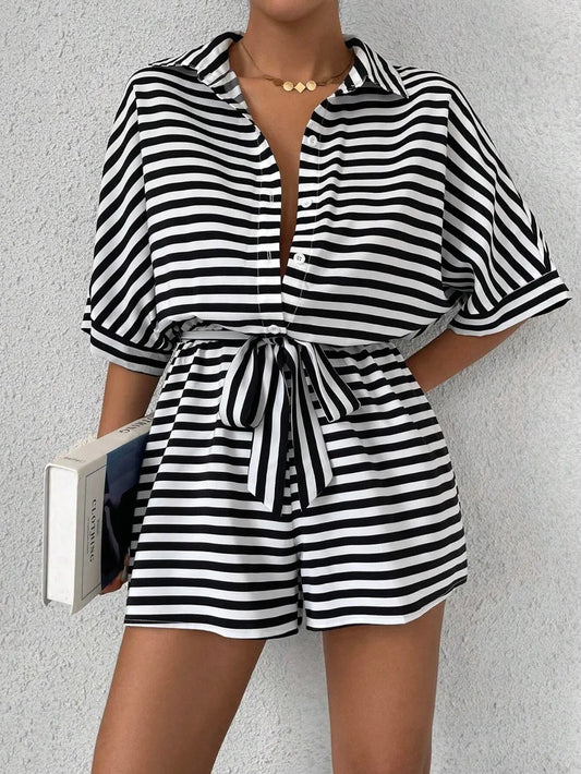 Half-Button Tie Waist Striped Romper