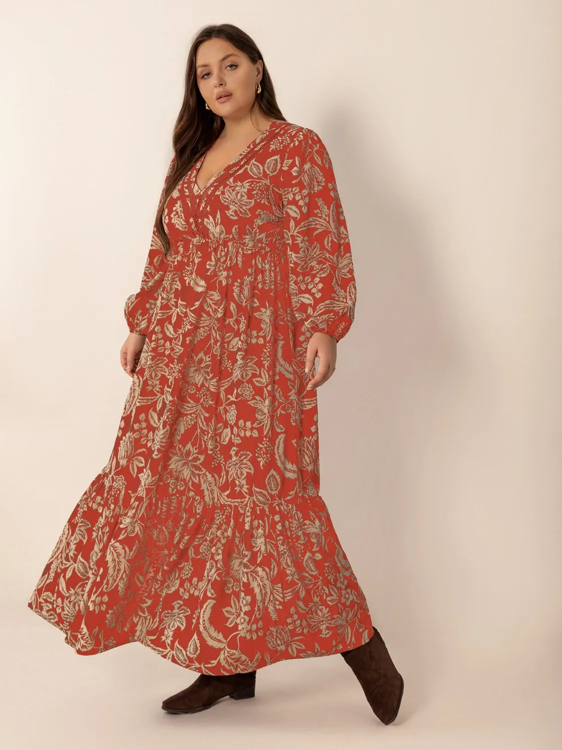 Ruched Lace Detail Midi Dress in Orange-Red