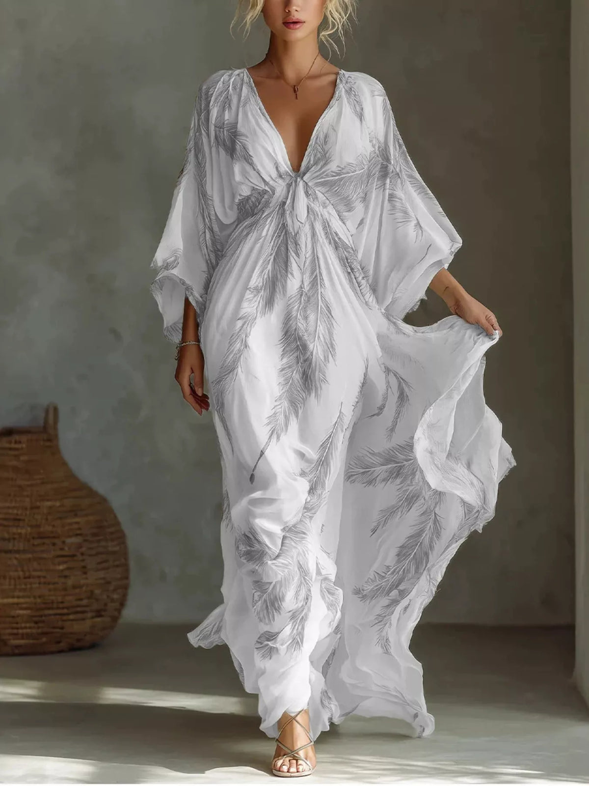 Feather Print V-Neck Flowy Maxi Dress