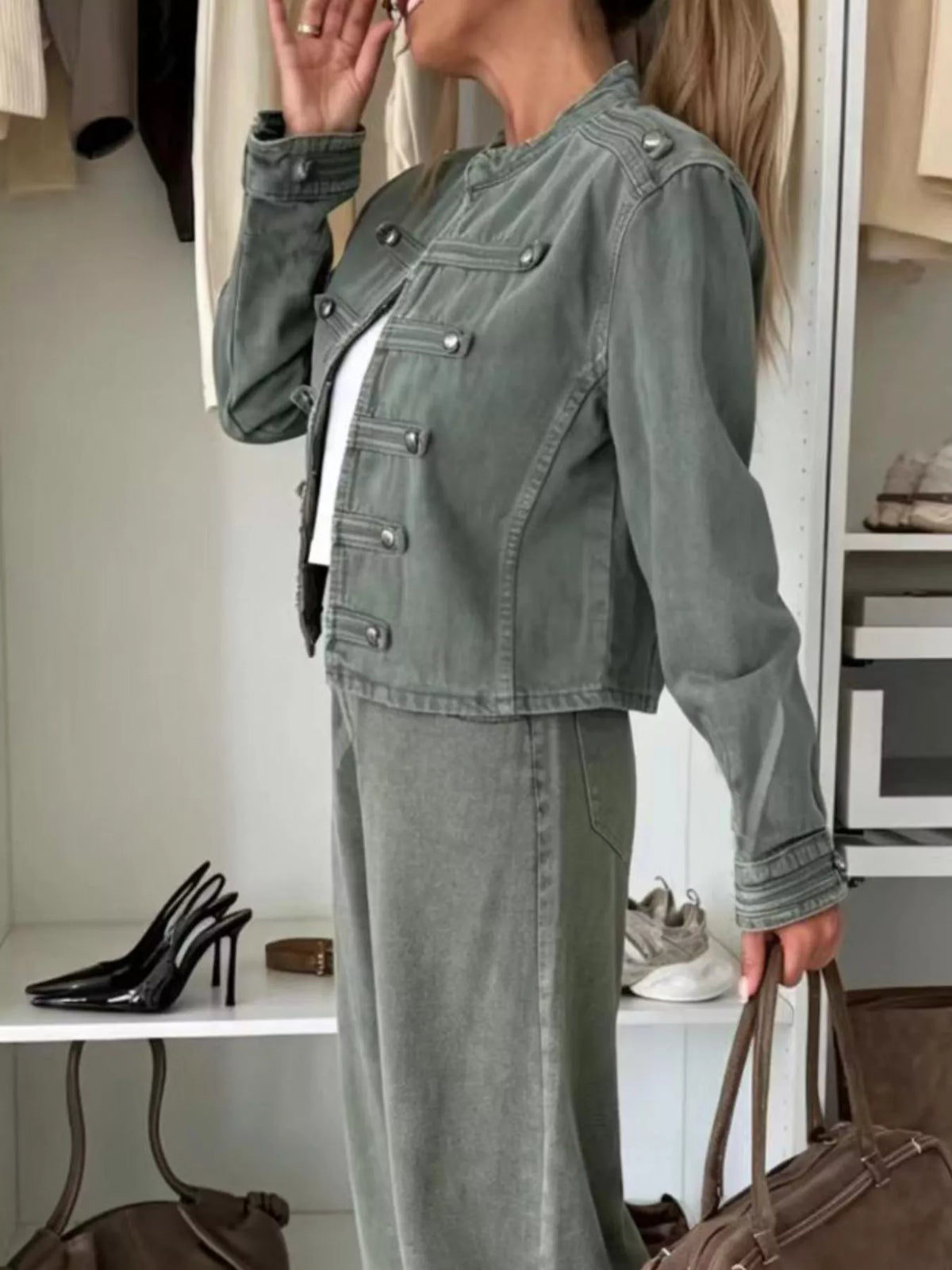 Decorative Button Cropped Denim Jacket